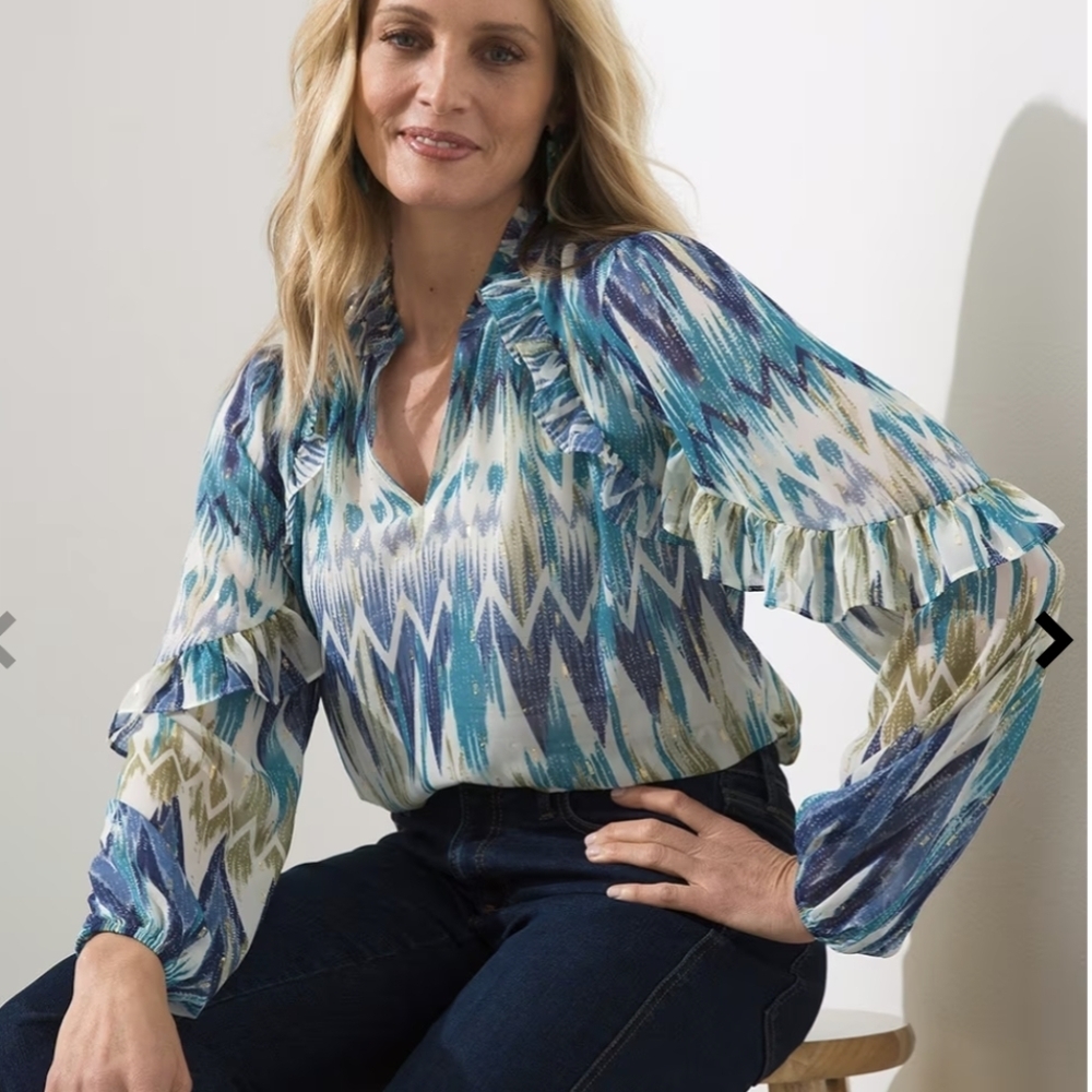 Chico's Blue Teal Wave-Print Ruffle Blouse